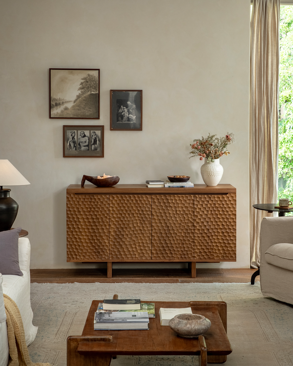 Modern vintage sideboard with 3D wave design in elegant living room setting