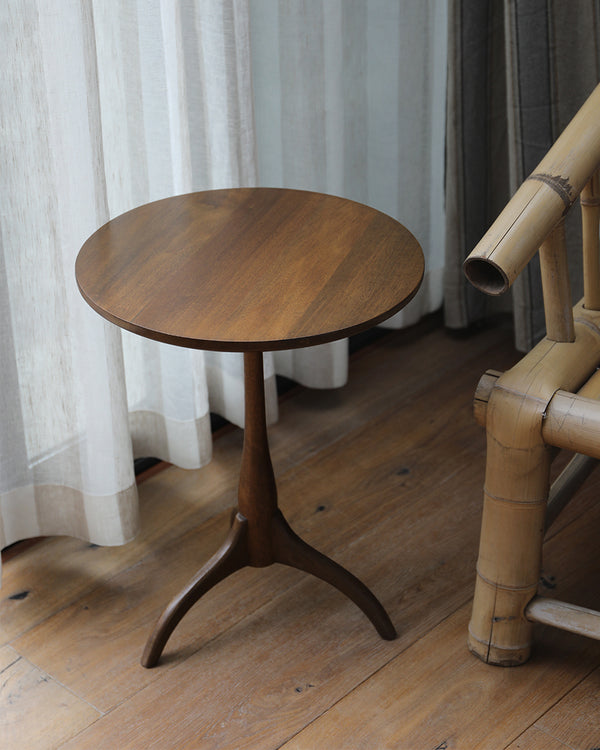 Round wooden Twig side table with tripod base in modern vintage style